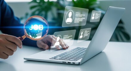 Online Job Search Concept: Hand with Magnifier over Laptop, Displaying Candidate Profiles for Recruitment