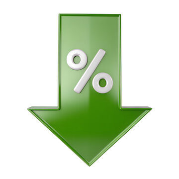 3d green downward arrow with percentage symbol isolated on transparent background