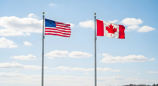 The national flags of the United States and Canada fly together symbolizing their close relationship
