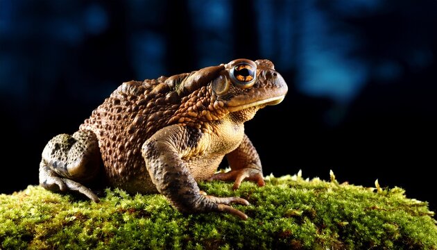 common toad bufo bufo on moss covered stone in the night closeup