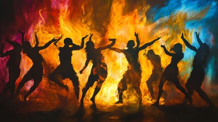 Silhouetted figures dance against a vibrant background of orange red and blue.