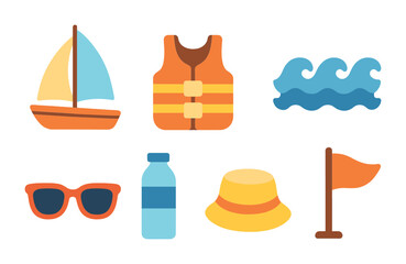 Colorful Sailing Illustrations. Flat vector mini-illustrations sailing and windsurfing in colors children's