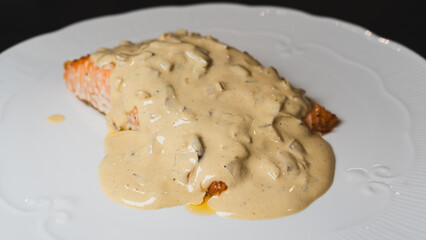 Succulent oven-baked salmon with creamy mustard sauce, glazed to perfection. Gourmet seafood dish for food photography, recipe blogs, and restaurant marketing