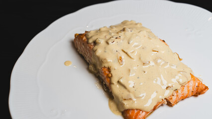 Succulent oven-baked salmon with creamy mustard sauce, glazed to perfection. Gourmet seafood dish for food photography, recipe blogs, and restaurant marketing