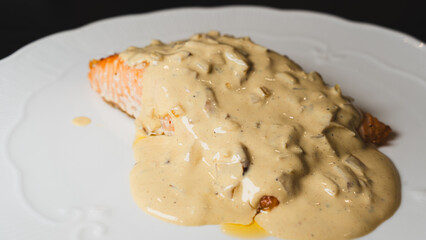 Succulent oven-baked salmon with creamy mustard sauce, glazed to perfection. Gourmet seafood dish for food photography, recipe blogs, and restaurant marketing