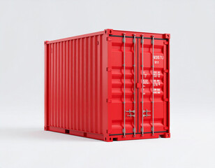 Vibrant Red Shipping Container on White Background, Angled View, Industrial Object