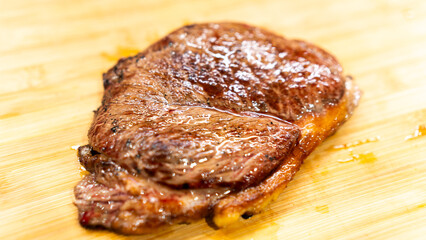 Juicy rare beef steak with perfect sear and appetizing pink center. Succulent meat showcase for gourmet photography, butchers, and premium restaurant marketing