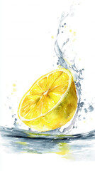 Watercolor lemon slice splashing into clear water with fresh citrus colors and soft edges white background