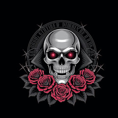 Enigmatic Skull with Crimson Gaze: A stylized skull with piercing red eyes and a decorative arrangement of roses, evoking themes of mortality, darkness, and enigmatic beauty.