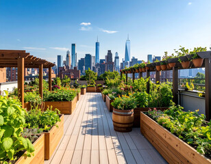 Fototapeta premium Urban Rooftop Garden with City Skyline View
