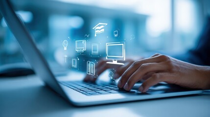 Engaged in Digital Learning: Hands Typing on Laptop with Educational Icons Overlayed