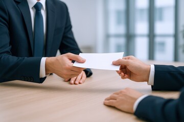 Professional businessman in suit handing over an envelope to a colleague in office setting