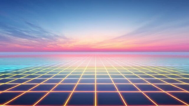Vaporwave style digital landscape of a horizon with mountain peaks, abstract background, looping animation