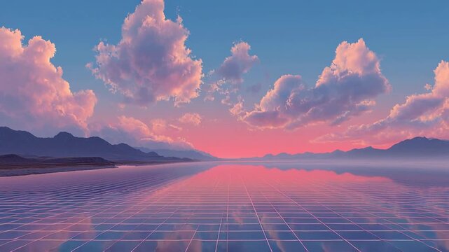 Abstract vaporwave style digital landscape with mountain peaks and pastel colors, abstract background, looping animation
