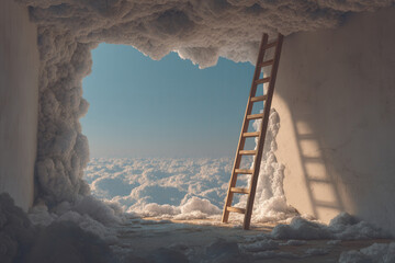 Wooden ladder reaching towards ceiling made of clouds creating surreal dreamlike concept with white walls and sky