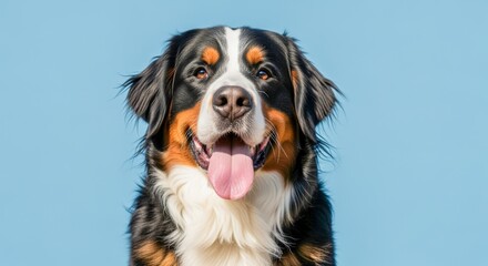 Fototapeta premium Close-Up Portrait of a Bernese Mountain Dog with a Happy Expression on a Blue Background