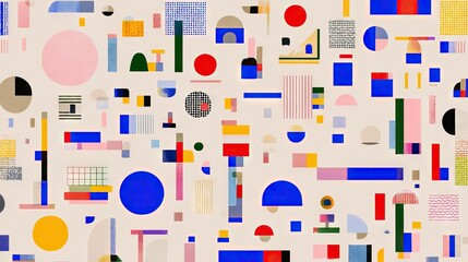 Colorful geometric shapes create a vibrant pattern.