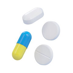 White, yellow and blue capsules isolated on transparent background. 3d render. PNG. Tablets, medicine concept. 3D rendering, ui, ux. Pills. Health