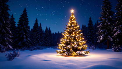 Christmas tree in snowy forest at night
