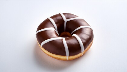 Obraz premium chocolate donut with white stripes on white background