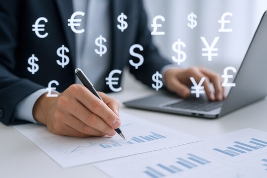Financial Analyst Reviewing Market Data with Currency Symbols, Charts, and Laptop for Investment Strategy