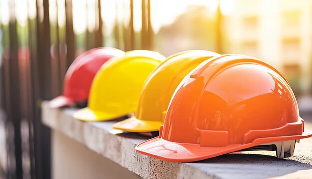 Row of colorful construction hard hats on concrete ledge, orange helmet in foreground, yellow and red helmets behind, blurred construction site background