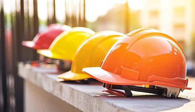 Row of colorful construction hard hats on concrete ledge, orange helmet in foreground, yellow and red helmets behind, blurred construction site background