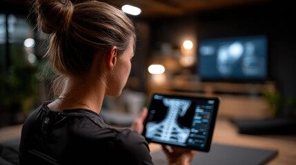 A female physical therapist conducts an online posture correction session using a tablet screen