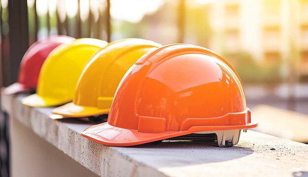 Row of colorful construction hard hats on concrete ledge, orange helmet in foreground, yellow and red helmets behind, blurred construction site background