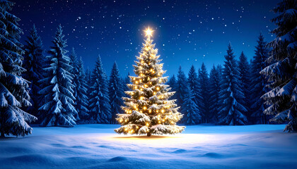 Christmas tree snowy forest night