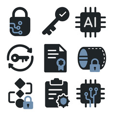 AI Encryption Icons. Flat icon set of AI-based encryption management: encryption lock, secure key icon, AI