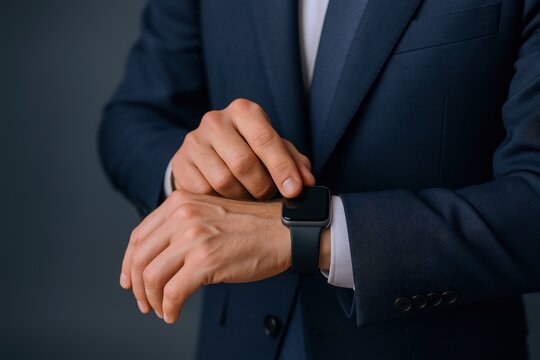 Businessman Checking Smartwatch: Professional Executive in Suit Interacting with Technology for Time Management - Powered by Adobe