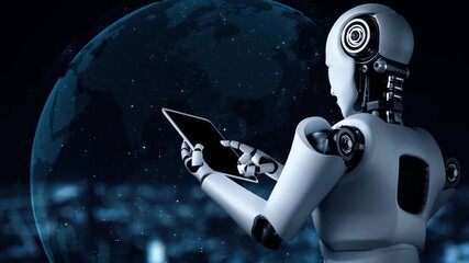Robot hominoid using tablet computer for big data analytic using AI thinking brain , artificial intelligence and machine learning process for the 4th fourth industrial revolution . 3D rendering. - Powered by Adobe