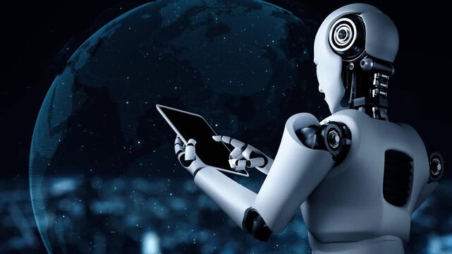 Robot hominoid using tablet computer for big data analytic using AI thinking brain , artificial intelligence and machine learning process for the 4th fourth industrial revolution . 3D rendering.