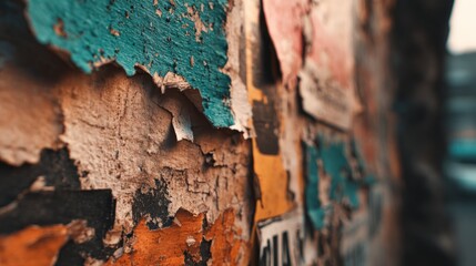 Distressed Urban Texture: Close-Up of Peeling and Layered Posters on an Old Wall Surface