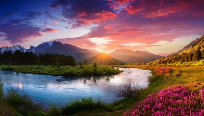 breathtaking artistic landscape scenic river and mountain panorama with vibrant sunset colors