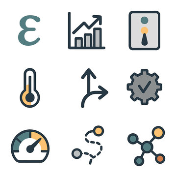 Exploration Strategy Icons. Flat icon set of exploration strategies: epsilon symbol, epsilon-greedy chart,