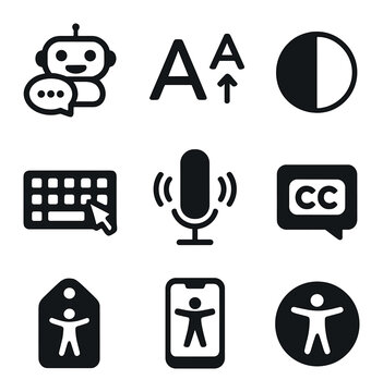 Chatbot Accessibility Icons. Flat icon set of chatbot accessibility: screen reader icon, text resize, high