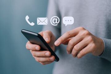 Contact Us: Man Using Smartphone for Communication with Phone, Email, Social Media Icons