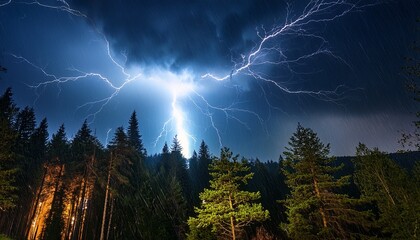beautiful lightning during a thunderstorm at night in a forest that caused a fire against a dark sky with rain