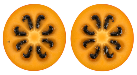 Bright orange texture showcases sliced lulo fruit with glossy black seeds for vibrant presentations and creative food posters.