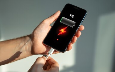 low battery phone in hands with charging cable about to connect