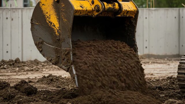 Close up of an excavator scoop digging into and lifting up dirt