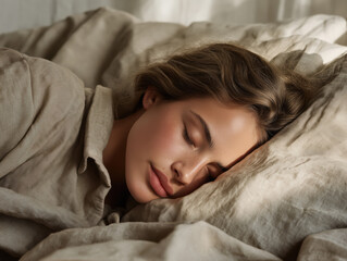 Obraz premium Serene Young Woman Sleeping Peacefully in Soft Linen Bedding, Natural Light