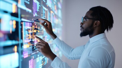 Data Insights Man Interacting with Complex Code Interface, Analytics, AI