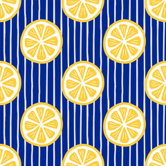 Citrus fruits seamless pattern. Yellow lemon slices on the striped blue  backdrop. Lined mediterranean coastal summer wallpaper design. EPS 10 vector background.