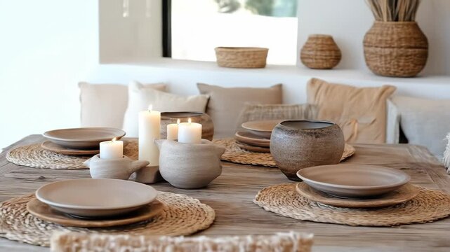 Rustic dining table setting with candles and decorative elements