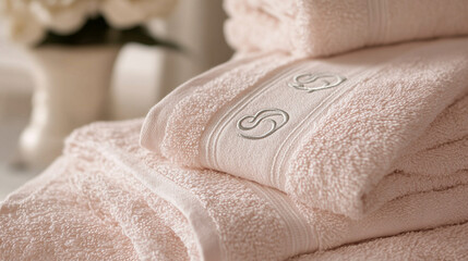 Cotton towel set in soft blush tone, silver monogram embroidery in corner, macro stitching details