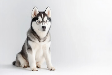 Husky dog puppy sitting on white background with blue eyes and fluffy fur. Adorable young canine pet portrait, isolated indoor studio scene.