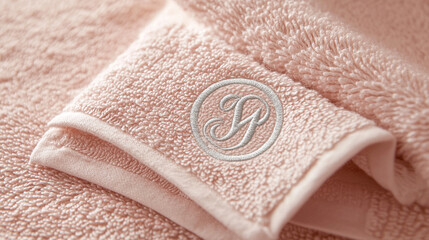 Cotton towel set in soft blush tone, silver monogram embroidery in corner, macro stitching details